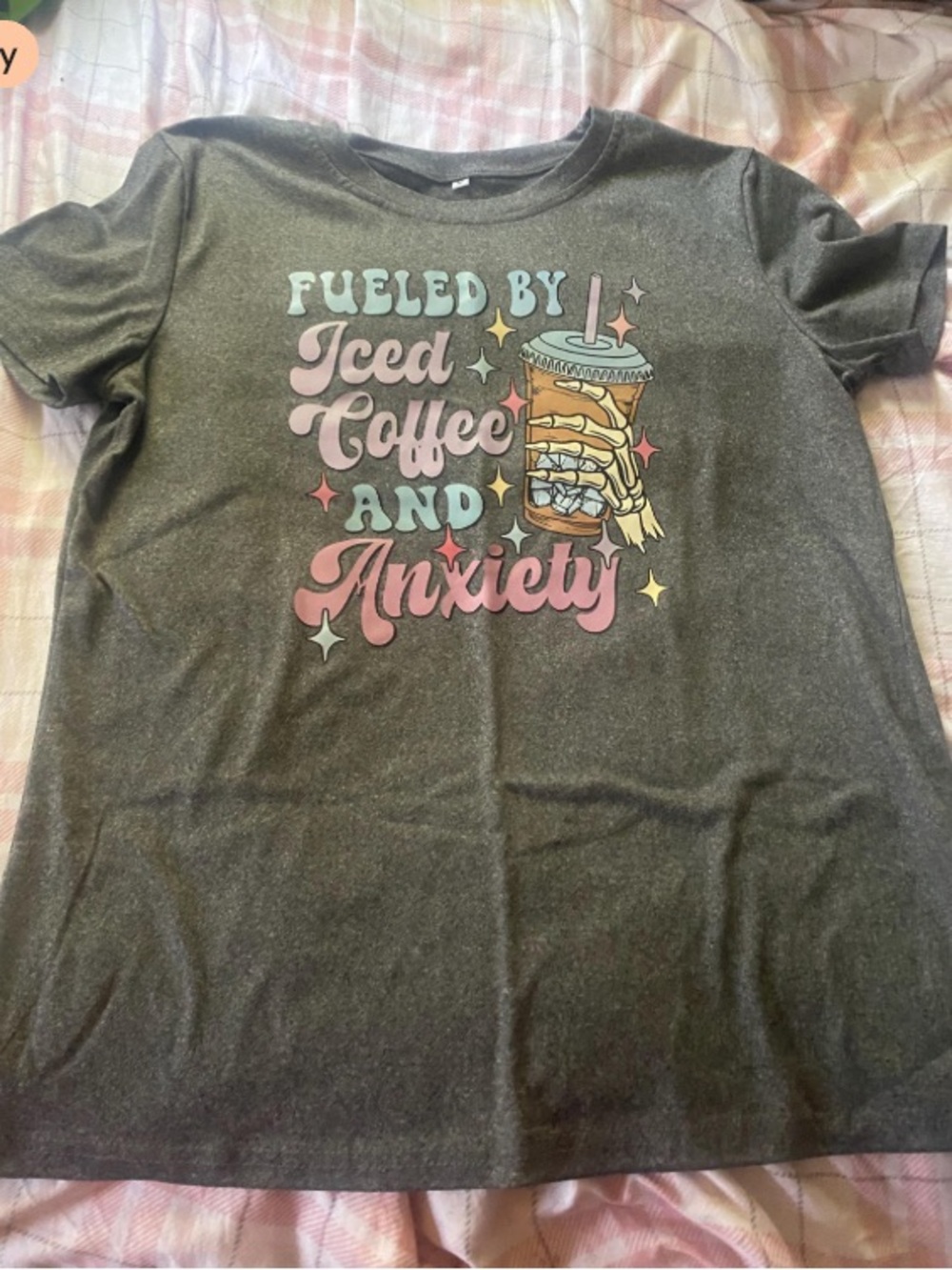 Graphic 'Fueled by Iced Coffee and Anxiety' Short Sleeve Tee - Charcoal